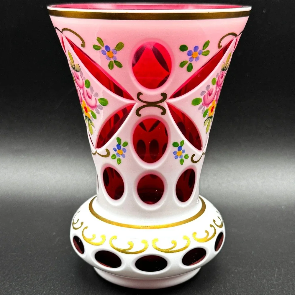Vintage Bohemian Czech Ruby Cut to Clear White Overlay Floral Glass Vase 6